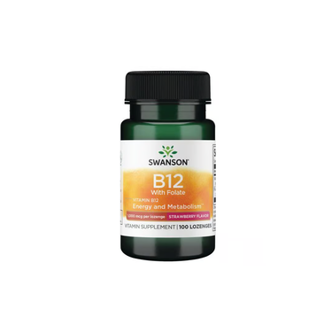A bottle of Swanson Vitamin B12 with Folate, strawberry flavor, for energy production and metabolism support, containing 100 lozenges.